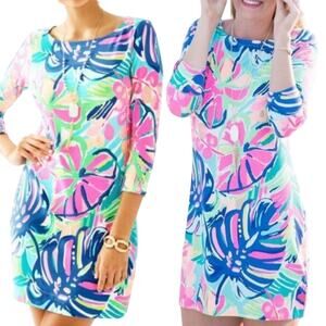 Lilly Pulitzer Sophie Dress Boatneck Exotic Garden Jersey Knit Mini Blue Pink XS